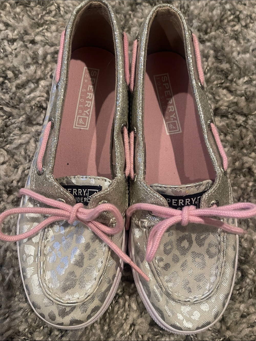 Sperry Silver Metallic Leopard Kids Boat Shoes with Pink Accents